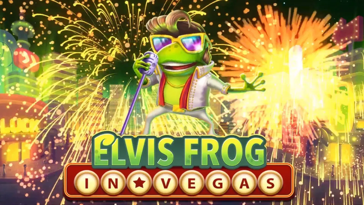 Elvis Frog in Vegas Elvis Frog character singing in Vegas with microphone and fireworks
