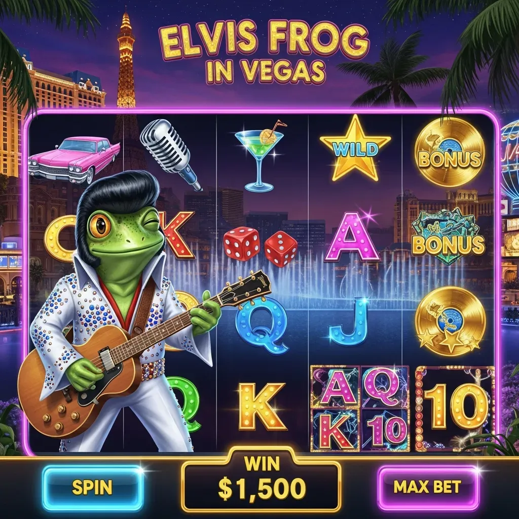 Elvis Frog in Vegas Elvis frog playing guitar on a vibrant Vegas casino slot machine